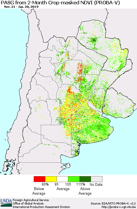 Southern South America PASG from 2-Month Crop-masked NDVI (PROBA-V) Thematic Map For 1/11/2019 - 1/20/2019
