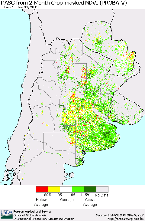 Southern South America PASG from 2-Month Crop-masked NDVI (PROBA-V) Thematic Map For 1/21/2019 - 1/31/2019