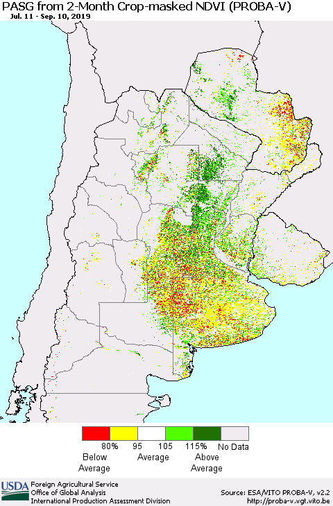 Southern South America PASG from 2-Month Crop-masked NDVI (PROBA-V) Thematic Map For 9/1/2019 - 9/10/2019