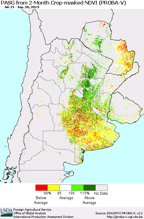 Southern South America PASG from 2-Month Crop-masked NDVI (PROBA-V) Thematic Map For 9/11/2019 - 9/20/2019