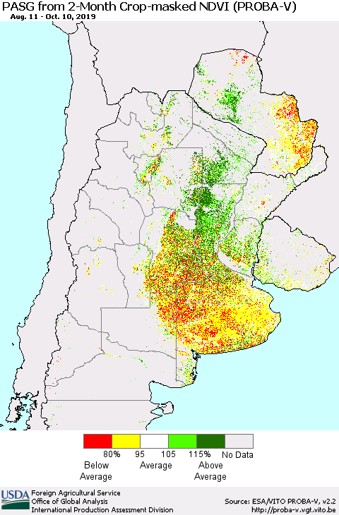 Southern South America PASG from 2-Month Crop-masked NDVI (PROBA-V) Thematic Map For 10/1/2019 - 10/10/2019