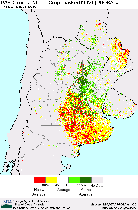 Southern South America PASG from 2-Month Crop-masked NDVI (PROBA-V) Thematic Map For 10/21/2019 - 10/31/2019