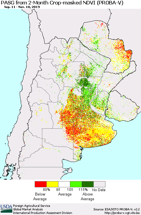 Southern South America PASG from 2-Month Crop-masked NDVI (PROBA-V) Thematic Map For 11/1/2019 - 11/10/2019