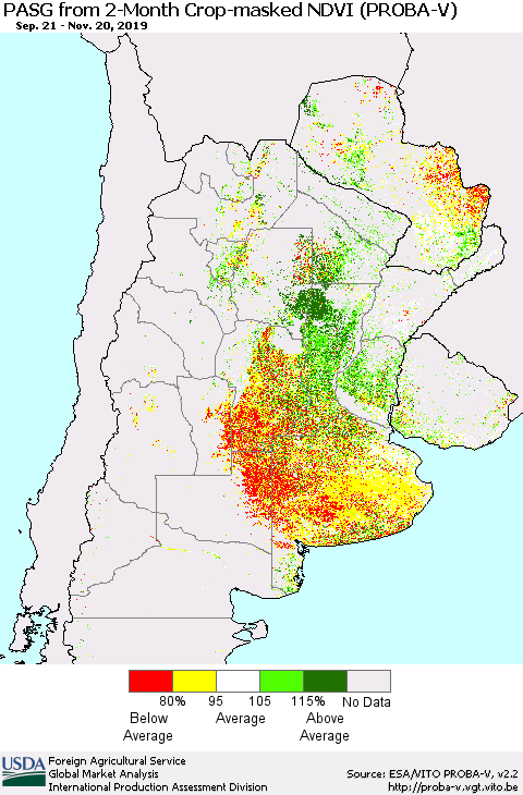 Southern South America PASG from 2-Month Crop-masked NDVI (PROBA-V) Thematic Map For 11/11/2019 - 11/20/2019