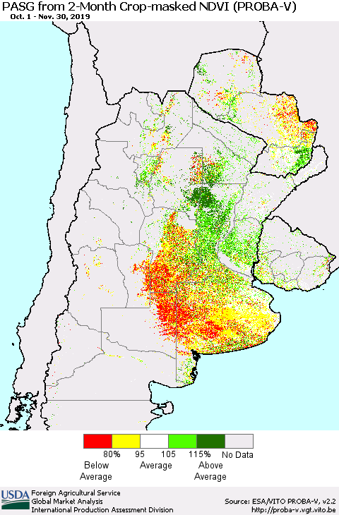 Southern South America PASG from 2-Month Crop-masked NDVI (PROBA-V) Thematic Map For 11/21/2019 - 11/30/2019