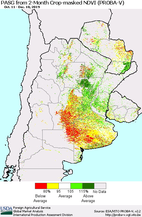 Southern South America PASG from 2-Month Crop-masked NDVI (PROBA-V) Thematic Map For 12/1/2019 - 12/10/2019
