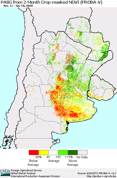 Southern South America PASG from 2-Month Crop-masked NDVI (PROBA-V) Thematic Map For 1/1/2020 - 1/10/2020