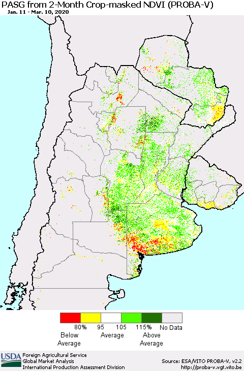 Southern South America PASG from 2-Month Crop-masked NDVI (PROBA-V) Thematic Map For 3/1/2020 - 3/10/2020