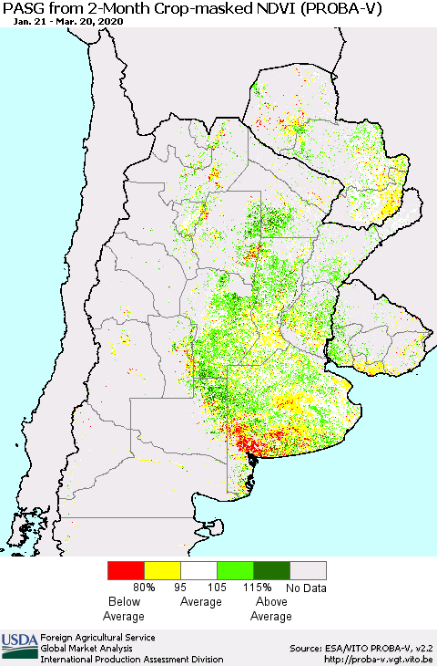 Southern South America PASG from 2-Month Crop-masked NDVI (PROBA-V) Thematic Map For 3/11/2020 - 3/20/2020