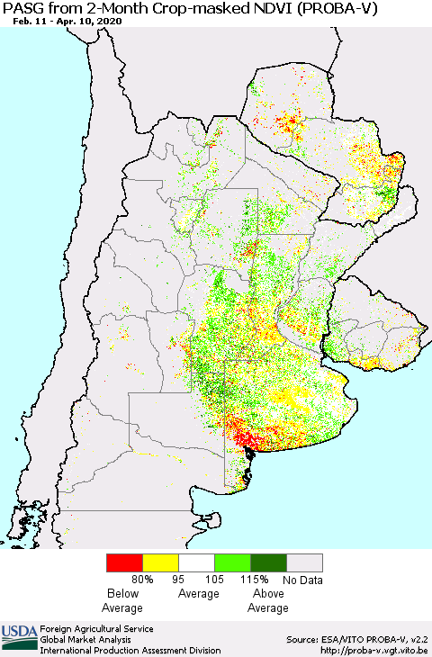 Southern South America PASG from 2-Month Crop-masked NDVI (PROBA-V) Thematic Map For 4/1/2020 - 4/10/2020