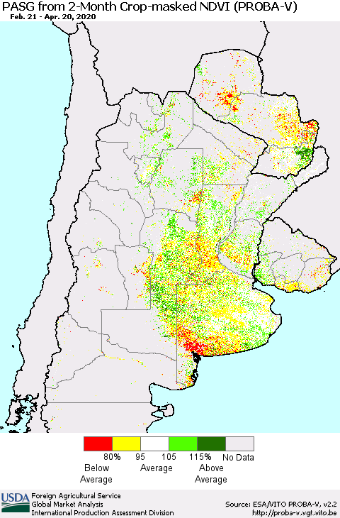Southern South America PASG from 2-Month Crop-masked NDVI (PROBA-V) Thematic Map For 4/11/2020 - 4/20/2020