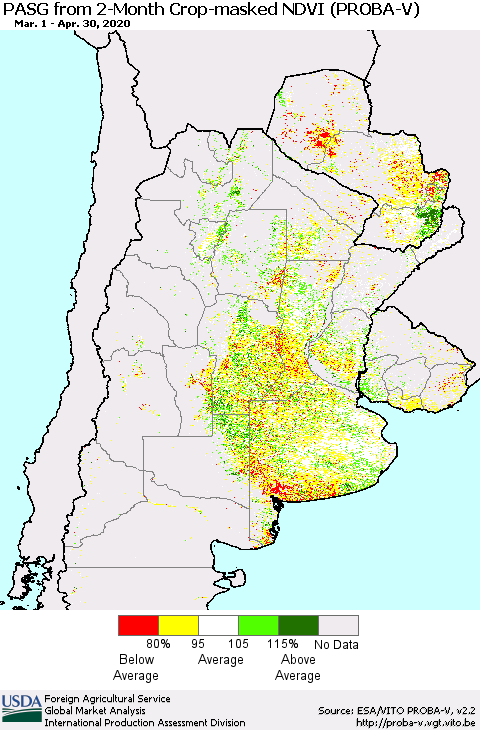 Southern South America PASG from 2-Month Crop-masked NDVI (PROBA-V) Thematic Map For 4/21/2020 - 4/30/2020