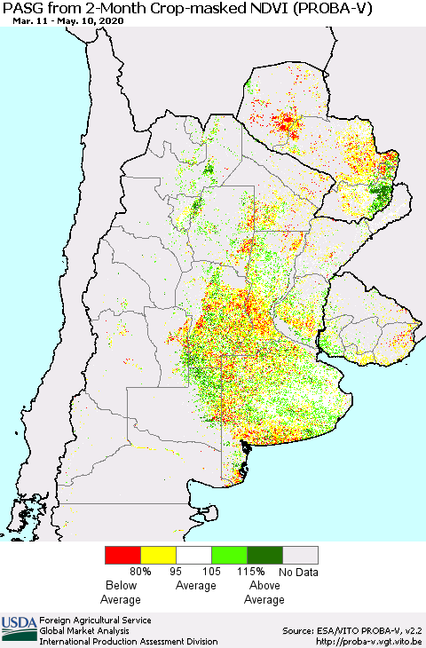 Southern South America PASG from 2-Month Crop-masked NDVI (PROBA-V) Thematic Map For 5/1/2020 - 5/10/2020