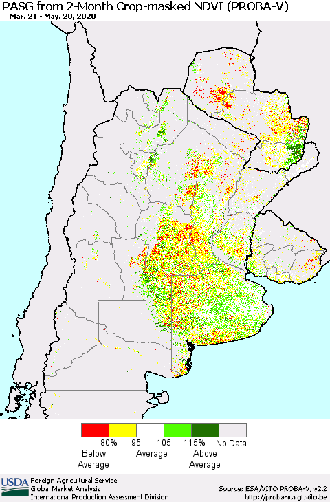 Southern South America PASG from 2-Month Crop-masked NDVI (PROBA-V) Thematic Map For 5/11/2020 - 5/20/2020