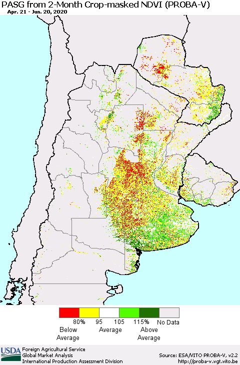 Southern South America PASG from 2-Month Crop-masked NDVI (PROBA-V) Thematic Map For 6/11/2020 - 6/20/2020