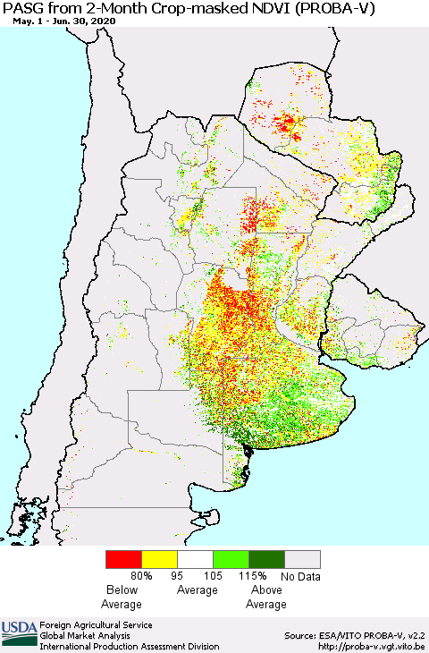 Southern South America PASG from 2-Month Crop-masked NDVI (PROBA-V) Thematic Map For 6/21/2020 - 6/30/2020