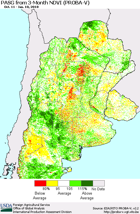 Southern South America PASG from 3-Month NDVI (PROBA-V) Thematic Map For 1/1/2018 - 1/10/2018