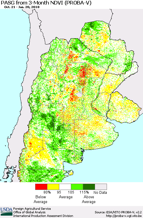 Southern South America PASG from 3-Month NDVI (PROBA-V) Thematic Map For 1/11/2018 - 1/20/2018