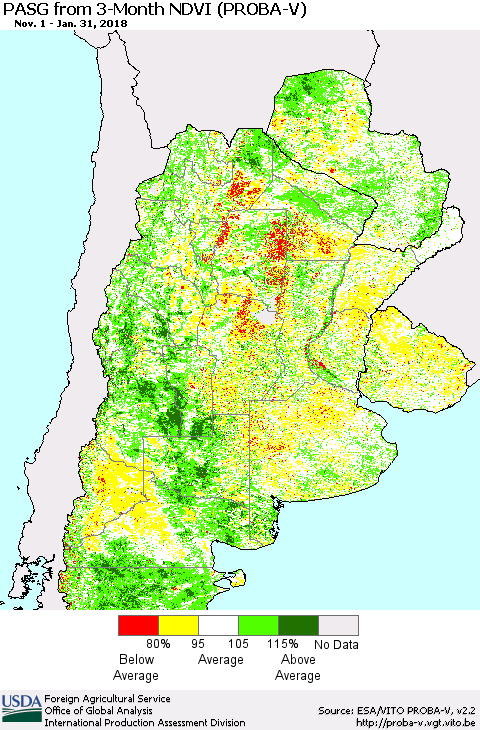 Southern South America PASG from 3-Month NDVI (PROBA-V) Thematic Map For 1/21/2018 - 1/31/2018