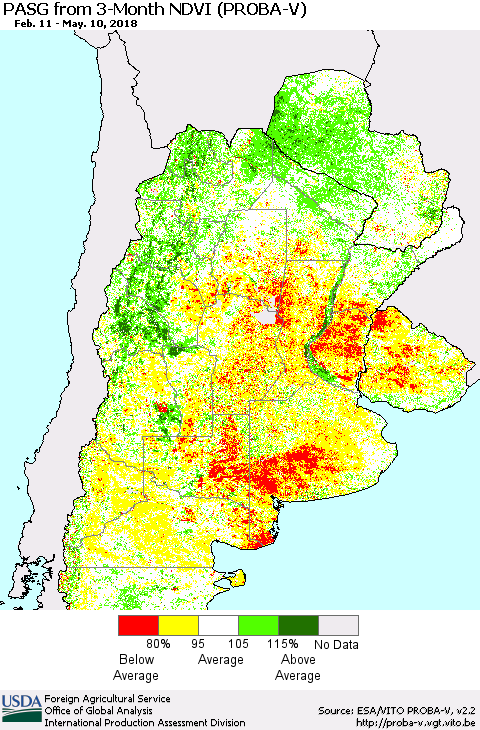 Southern South America PASG from 3-Month NDVI (PROBA-V) Thematic Map For 5/1/2018 - 5/10/2018