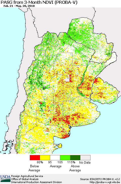 Southern South America PASG from 3-Month NDVI (PROBA-V) Thematic Map For 5/11/2018 - 5/20/2018