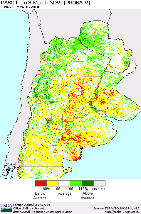 Southern South America PASG from 3-Month NDVI (PROBA-V) Thematic Map For 5/21/2018 - 5/31/2018