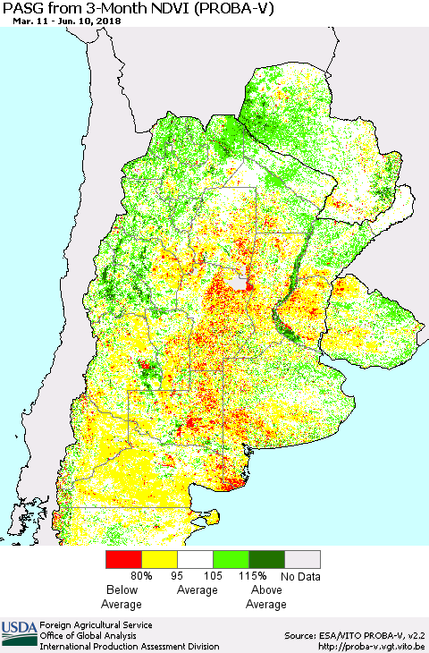 Southern South America PASG from 3-Month NDVI (PROBA-V) Thematic Map For 6/1/2018 - 6/10/2018