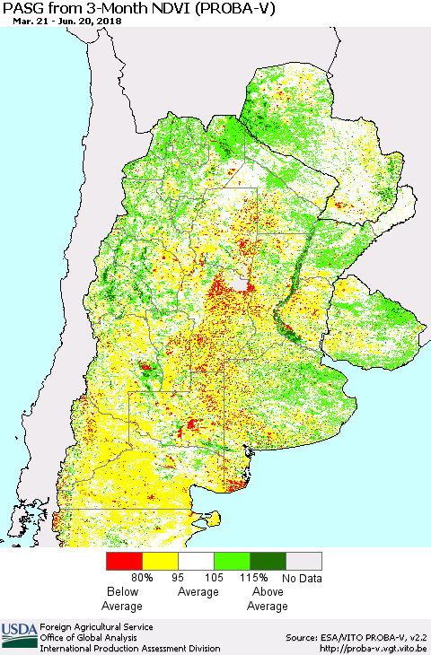 Southern South America PASG from 3-Month NDVI (PROBA-V) Thematic Map For 6/11/2018 - 6/20/2018