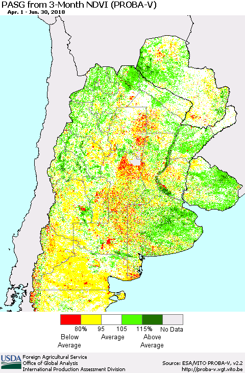 Southern South America PASG from 3-Month NDVI (PROBA-V) Thematic Map For 6/21/2018 - 6/30/2018