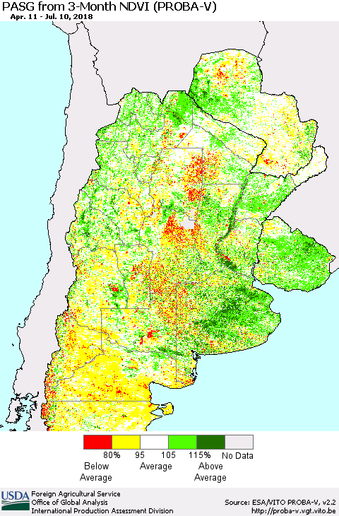 Southern South America PASG from 3-Month NDVI (PROBA-V) Thematic Map For 7/1/2018 - 7/10/2018
