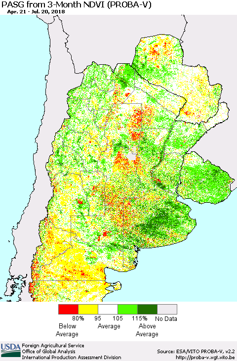 Southern South America PASG from 3-Month NDVI (PROBA-V) Thematic Map For 7/11/2018 - 7/20/2018