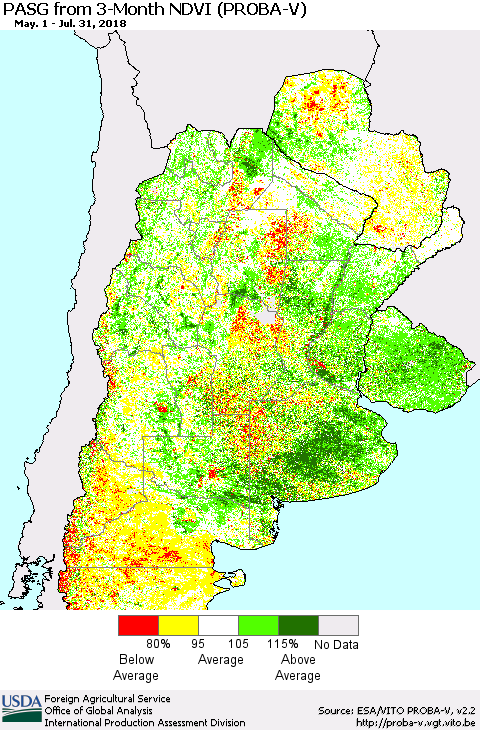 Southern South America PASG from 3-Month NDVI (PROBA-V) Thematic Map For 7/21/2018 - 7/31/2018