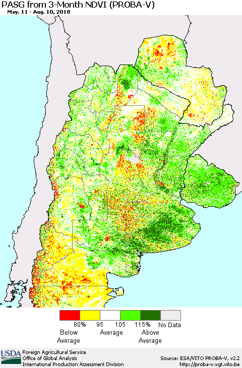 Southern South America PASG from 3-Month NDVI (PROBA-V) Thematic Map For 8/1/2018 - 8/10/2018
