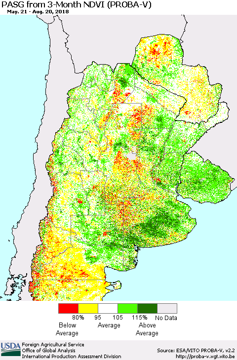 Southern South America PASG from 3-Month NDVI (PROBA-V) Thematic Map For 8/11/2018 - 8/20/2018
