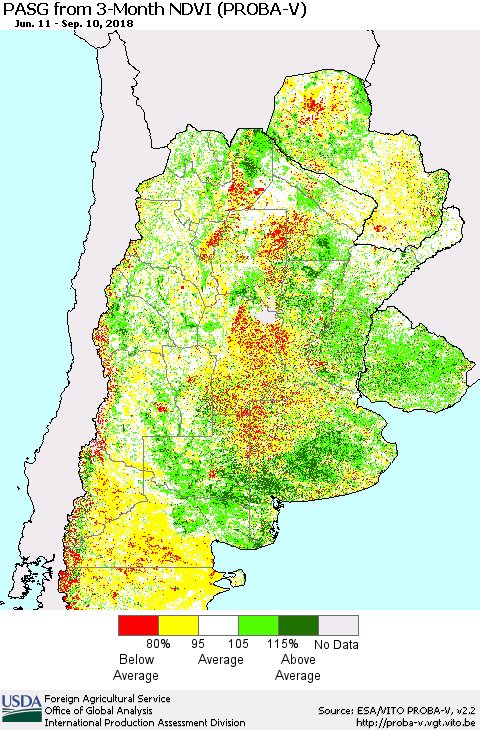 Southern South America PASG from 3-Month NDVI (PROBA-V) Thematic Map For 9/1/2018 - 9/10/2018