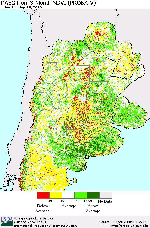 Southern South America PASG from 3-Month NDVI (PROBA-V) Thematic Map For 9/11/2018 - 9/20/2018