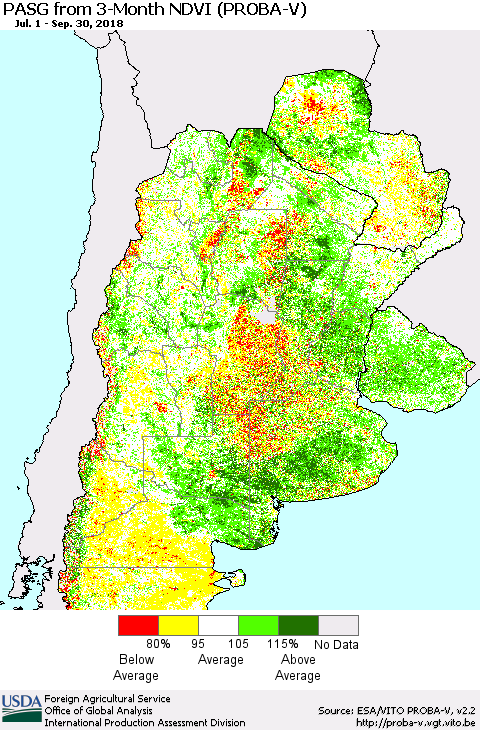 Southern South America PASG from 3-Month NDVI (PROBA-V) Thematic Map For 9/21/2018 - 9/30/2018