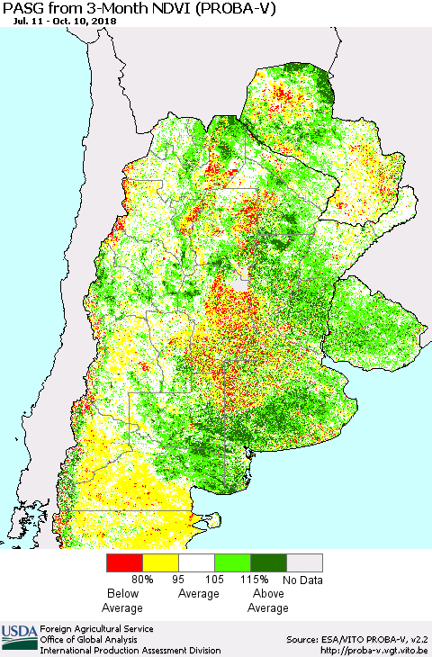 Southern South America PASG from 3-Month NDVI (PROBA-V) Thematic Map For 10/1/2018 - 10/10/2018