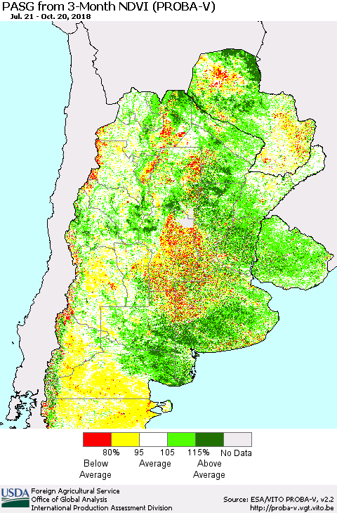 Southern South America PASG from 3-Month NDVI (PROBA-V) Thematic Map For 10/11/2018 - 10/20/2018