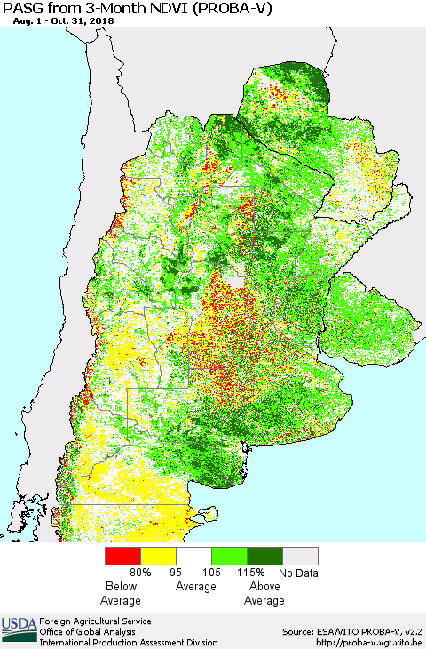 Southern South America PASG from 3-Month NDVI (PROBA-V) Thematic Map For 10/21/2018 - 10/31/2018