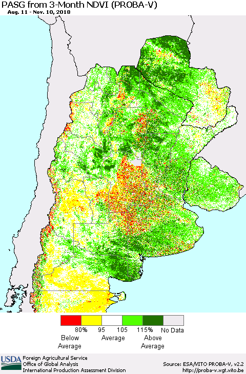 Southern South America PASG from 3-Month NDVI (PROBA-V) Thematic Map For 11/1/2018 - 11/10/2018