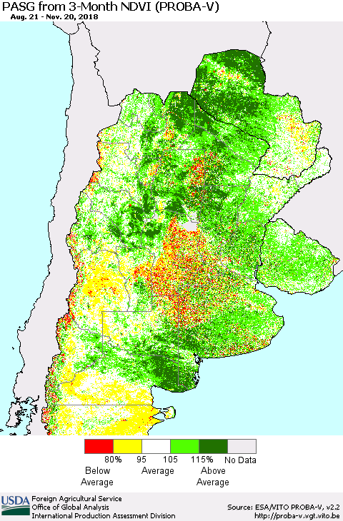 Southern South America PASG from 3-Month NDVI (PROBA-V) Thematic Map For 11/11/2018 - 11/20/2018