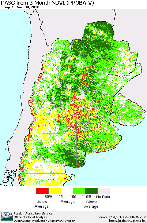 Southern South America PASG from 3-Month NDVI (PROBA-V) Thematic Map For 11/21/2018 - 11/30/2018