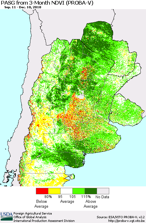 Southern South America PASG from 3-Month NDVI (PROBA-V) Thematic Map For 12/1/2018 - 12/10/2018