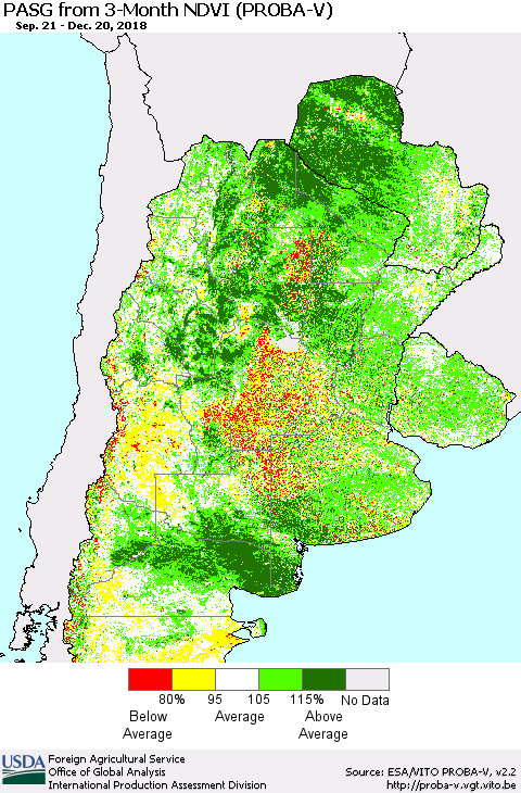 Southern South America PASG from 3-Month NDVI (PROBA-V) Thematic Map For 12/11/2018 - 12/20/2018