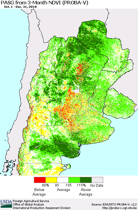 Southern South America PASG from 3-Month NDVI (PROBA-V) Thematic Map For 12/21/2018 - 12/31/2018