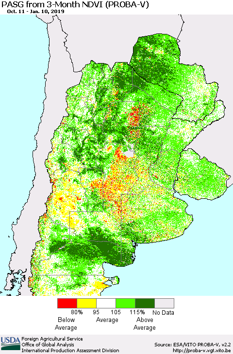 Southern South America PASG from 3-Month NDVI (PROBA-V) Thematic Map For 1/1/2019 - 1/10/2019