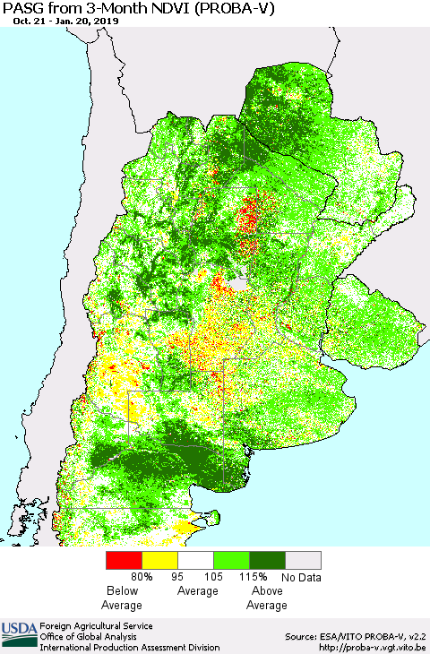 Southern South America PASG from 3-Month NDVI (PROBA-V) Thematic Map For 1/11/2019 - 1/20/2019