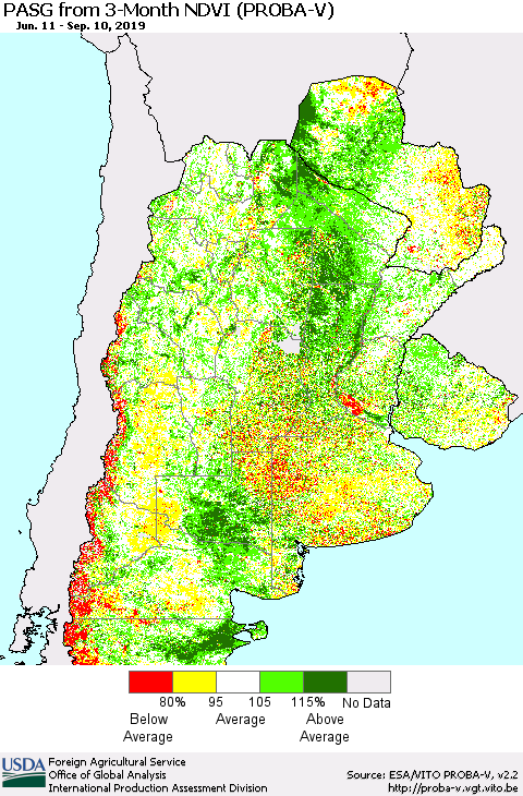Southern South America PASG from 3-Month NDVI (PROBA-V) Thematic Map For 9/1/2019 - 9/10/2019