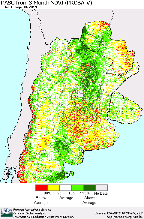 Southern South America PASG from 3-Month NDVI (PROBA-V) Thematic Map For 9/21/2019 - 9/30/2019